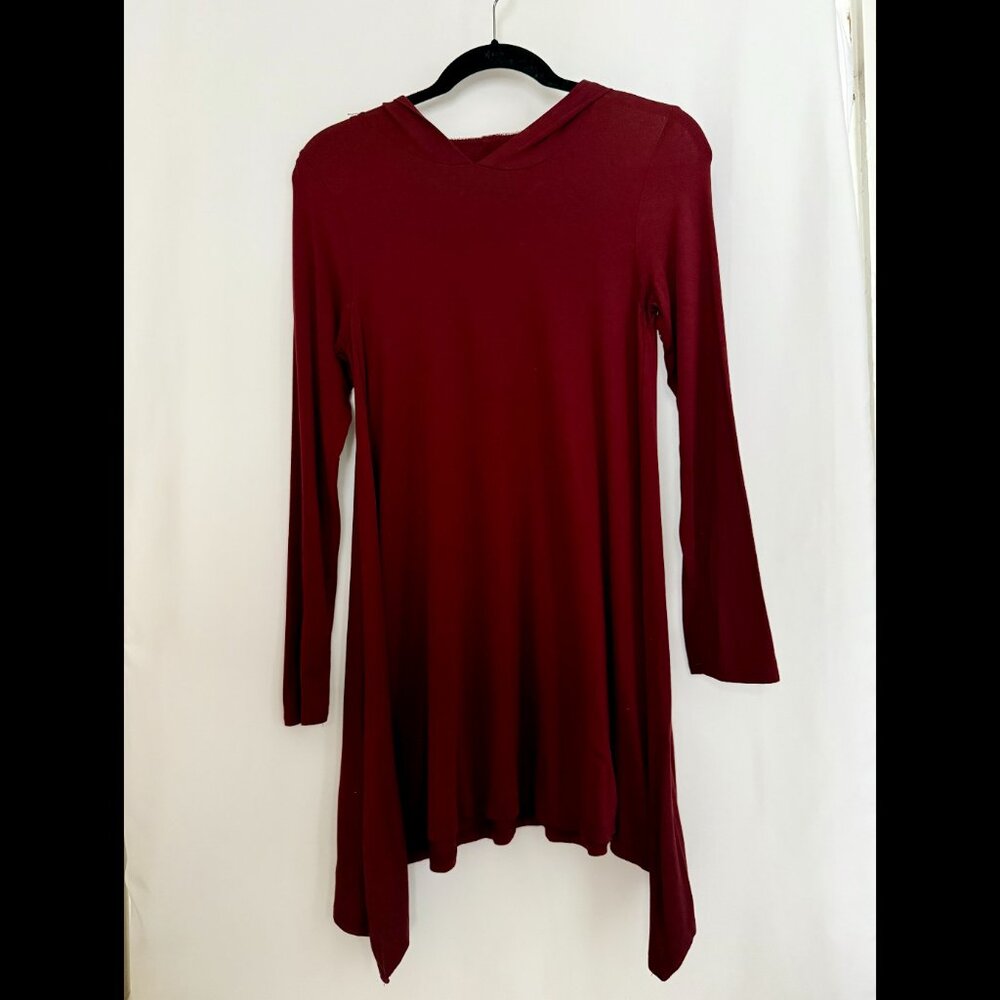 Lani California Burgundy Asymmetrical Long Sleeve Hooded Tunic Dress, Small